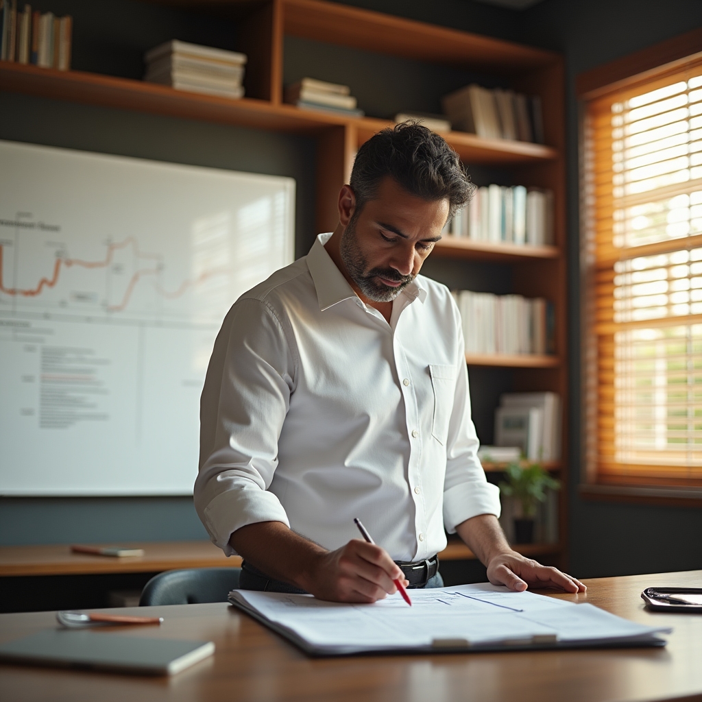 Profesional construyendo un plan de acción en un escritorio moderno