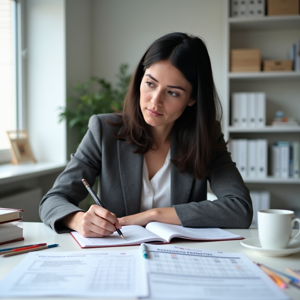 Sesión de autoevaluación profesional con materiales de trabajo